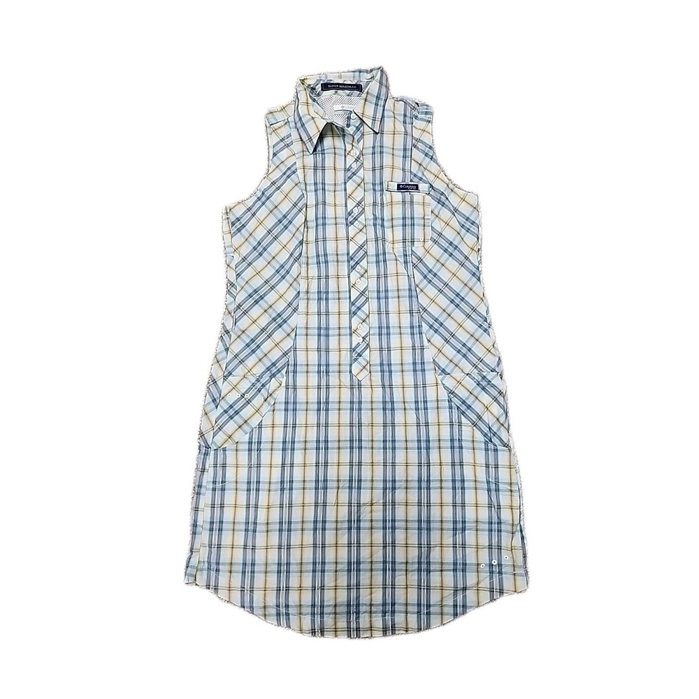 COLUMBIA PFG Super Bonehead White Plaid Vented Sleeveless Shirt Dress L No Belt